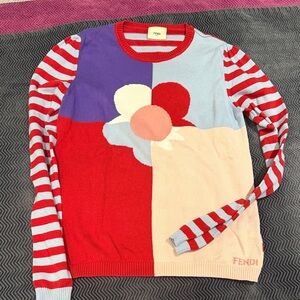 Fendi Multicolor Floral Block Crewneck Sweater - Red, Purple, Cream, Blue